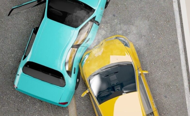 Two cars crash in accident.Top view.Concept for insurance.3d rendering Two cars crash in accident.Top view.Concept for insurance.3d rendering